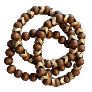 🆕️ WOOD AND GOLDTONE  BEADED STRETCH BRACELET SET